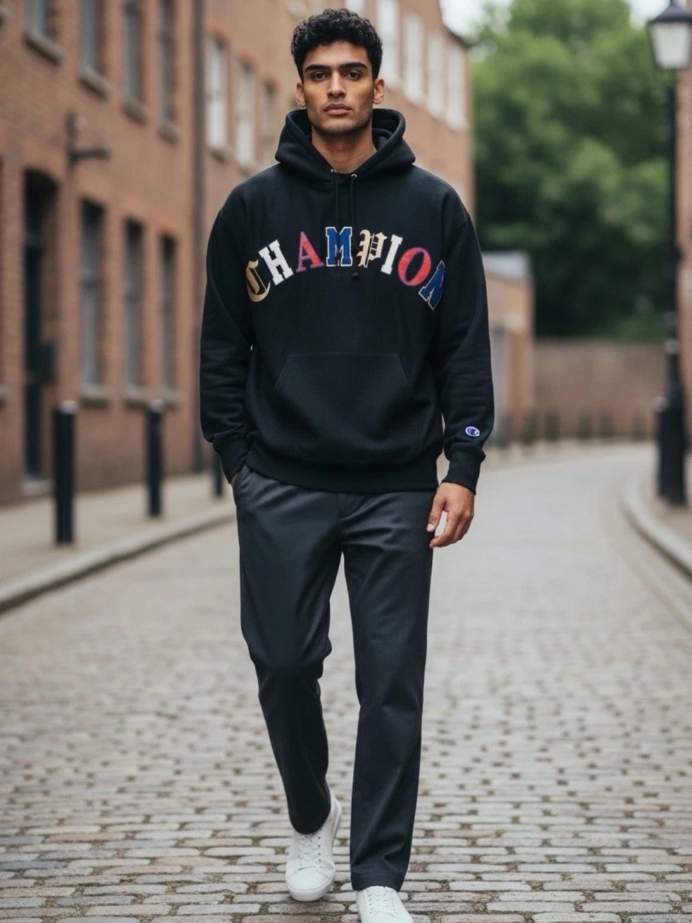 Champion Black Hoodie with Multicolor Block Lettering